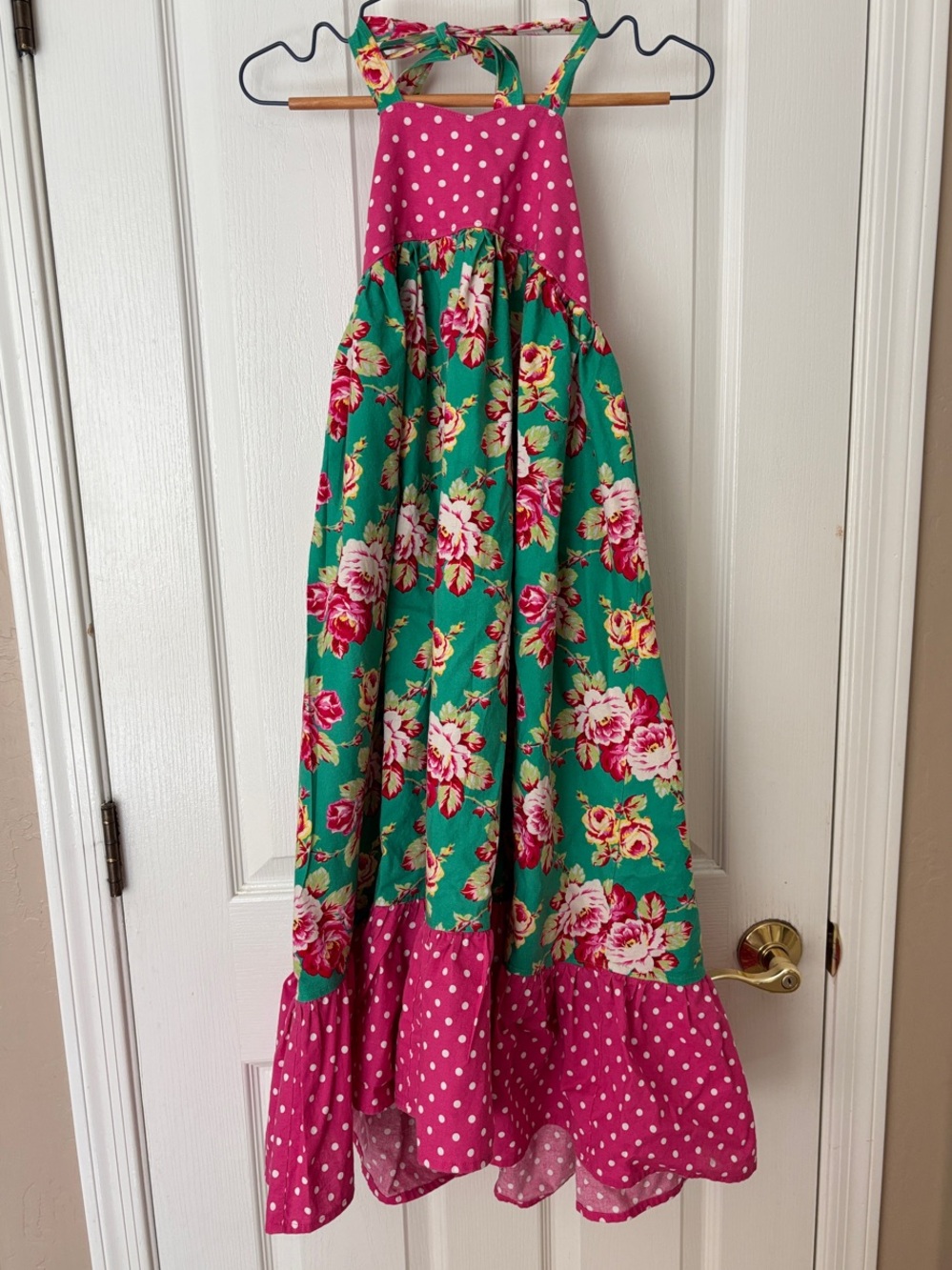 Whimsical Green Floral & Pink Polka Dot Halter Sundress ~ See Measurements ~